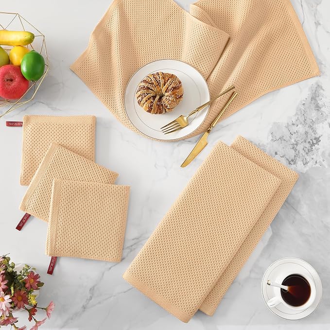 Kitinjoy 100% Cotton Waffle Weave Kitchen Hand Towels (13 X 28 Inches, Apricot), 4-Pack Super Soft and Absorbent Dish Towel for Drying Dishes