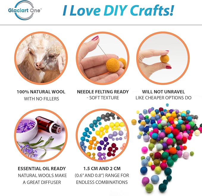 Glaciart One Felt Pom Pom, Felt Balls for Crafts (240 pcs) | 40 Rainbow Colors & 2 Sizes from 0.6 to 0.8 Inch | Perfect for Garlands, DIY Crafts and Decoration