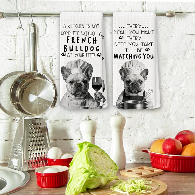 Funny French Bulldog Dog Kitchen Towels 16x24 Inch Set of 2 | French Bulldog Lovers Gifts for Women Men Dish Tea Towels for Kitchen, Dog Lover Mom Dad Owner Gifts Decorative Hand Towel