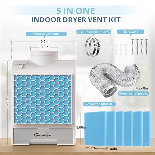 3 in 1 Indoor Dryer Vent Kit, Dryer Vent Box With Stainless Steel Screen Filter, Enhanced Air Quality Water Drawer System,Plus 6 Extra Polyester Filters for Electric Clothes Dryers-2025 New Upgrade