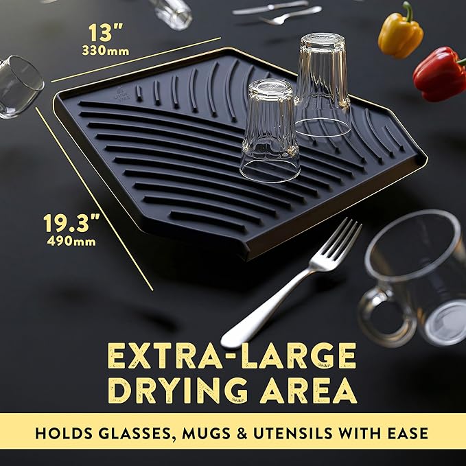 Silicone Dish Drying Mat with Drain, Self-Draining, Heat Resistant & Non-Slip Kitchen Counter Mat, Easy to Clean, Reusable, (19.3'' x 13'', Charcoal Grey)