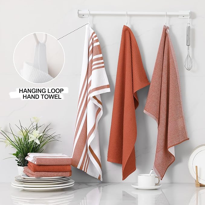 Homaxy Premium Kitchen Towels(18”x 28”, 3 Pack), Large Cotton 380 GSM Kitchen Hand Towels, Soft and Absorbent Terry Dish Towels, Multipurpose Tea Towel Set with Hanging Loop, Rust