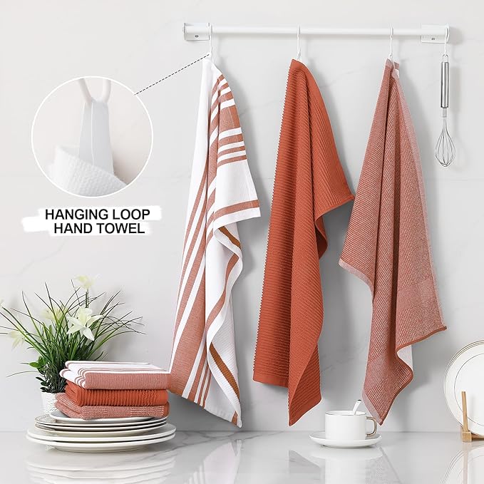 Homaxy Premium Kitchen Towels(18”x 28”, 12 Pack), Large Cotton 380 GSM Kitchen Hand Towels, Soft and Absorbent Terry Dish Towels, Multipurpose Tea Towel Set with Hanging Loop, Rust