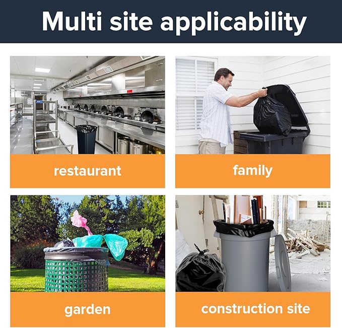 100 packs-Large 55-60 Gallon Heavy Duty Trash Can Bags|2 Mil |Black Thickened/Plastic Bag-Kitchen&Yard,Building,Outdoor,Hotel, Property-Made in the USA