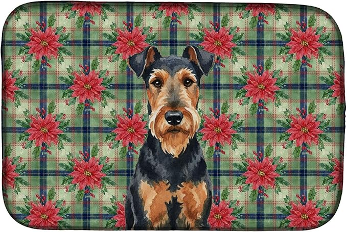 Caroline's Treasures Airedale Terrier Christmas PoinsettIas Dish Drying Mat Absorbent Dish Drying Mat Pad for Kitchen Counter Dish Drainer Mat for Countertop, 14 x 21", Multicolor