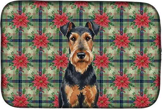 Caroline's Treasures Airedale Terrier Christmas PoinsettIas Dish Drying Mat Absorbent Dish Drying Mat Pad for Kitchen Counter Dish Drainer Mat for Countertop, 14 x 21", Multicolor