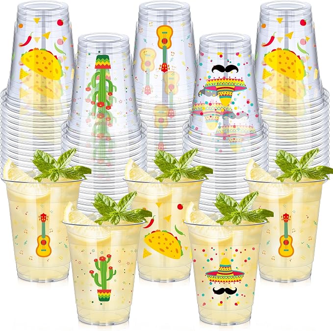 meekoo 100 Pcs 12 oz Fiesta Cup Plastic Mexican Cup Clear Disposable Margarita Glasses Cinco De Mayo Party Decorations for Taco Bout Bar Night Tequila Birthday Party Drinkware Supplies, 4 Style