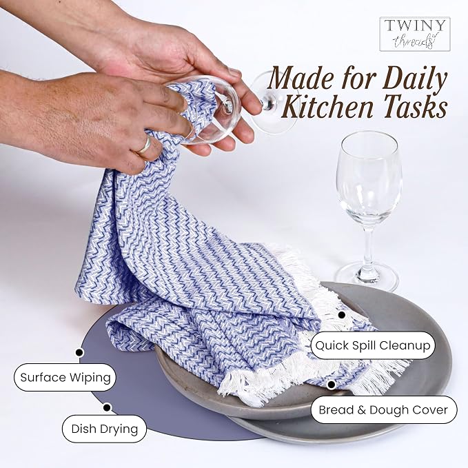 TWINY threads Kitchen Towel Chevron Pattern, Premium Large Kitchen Linen Set, 100% Cotton Wash Rags, Absorbent Quick Drying Cloth, Washable Reusable Multi Purpose, Set of 4, 16x26 Inches, Indigo Blue