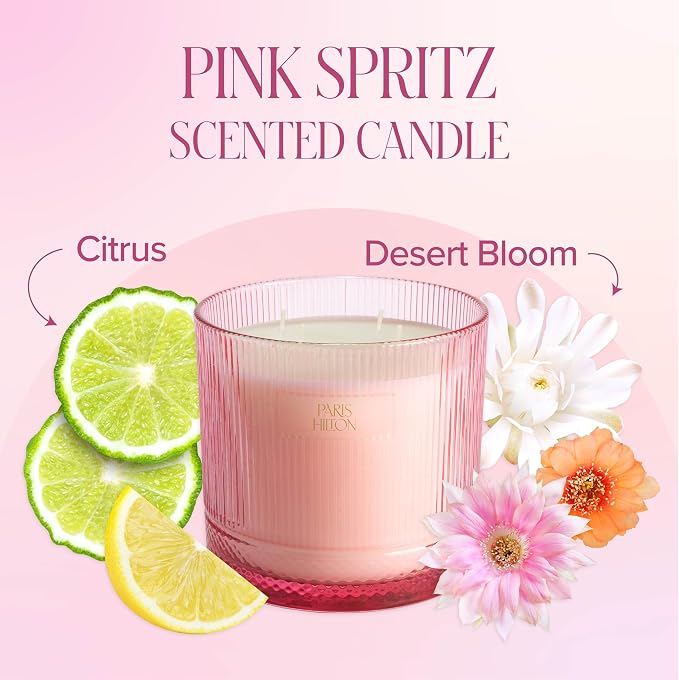 Paris Hilton Pink Spritz Scented Candle, Pink Ribbed Glass Vessel with Faceted Diamond Detail, Premium Plant Wax Blend, 4-Wicks, 40-Ounce