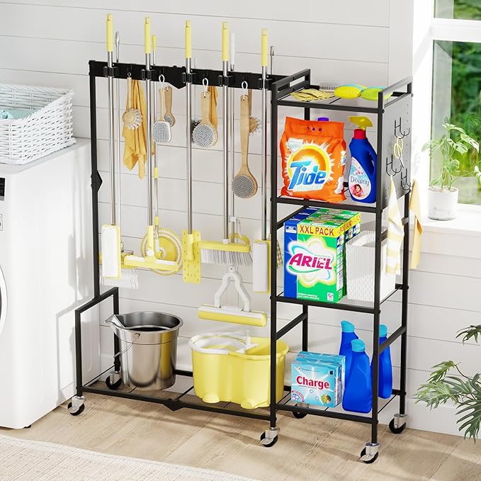 AGESISI 46" H Broom Holder with Cleaning Supplies Organizer, Mop Rack Storage with 4-Tier Shelves, 10 Gripper Clips, 4 Double-Hooks, 3 Hooks, Metal Utility Carts on Wheels for Home Essentials, Black