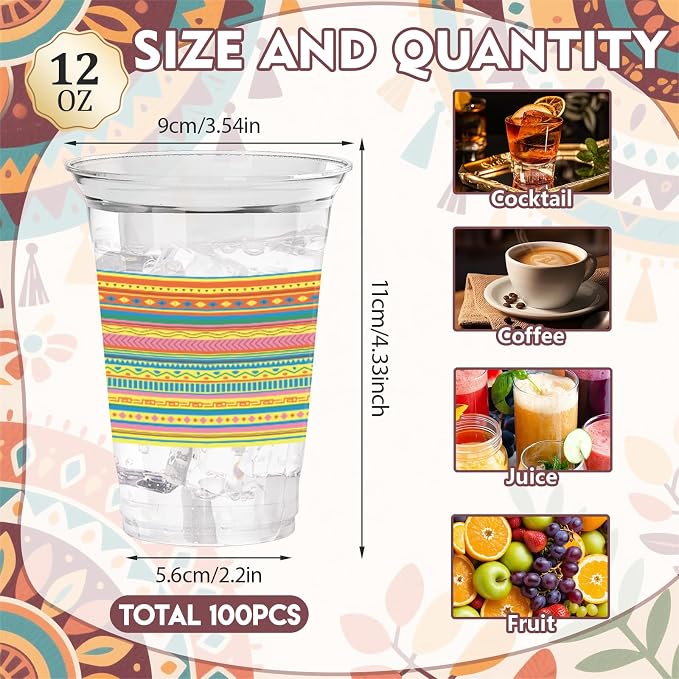 100Pcs Mexican Plastic Party Cups, 12oz Fiesta Disposable Clear Cups Margarita Cinco De Mayo Cup for Party Decorations, Mexico Taco Carnival, Birthday Party Drinking Supplies