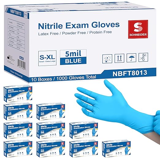 Schneider Nitrile Exam Gloves, 5 Mil, Blue, Latex-Free & Powder-Free Disposable Gloves, Textured Grip, for Medical Exam, Food Handling, Cleaning & Industrial Use