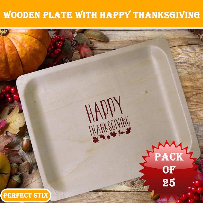 Perfect Stix 10" Disposable Wooden Plate with Happy Thanksgiving Print - Pack of 25ct