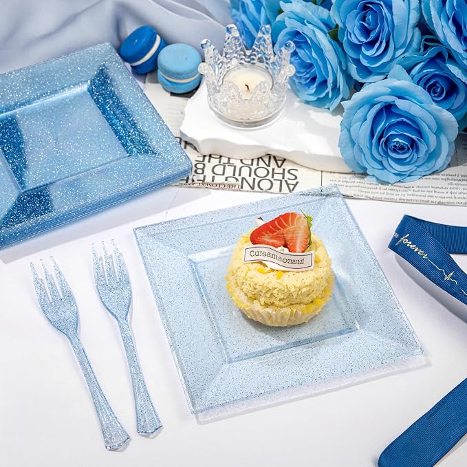 DaYammi 200 Pcs Blue Glitter Dessert Plates Including 100Pcs Appetizer Plates,100Pcs Plastic Forks, Plastic Square Plate for Party,Blue Disposable plates and Cake forks for Birthday Party Wedding