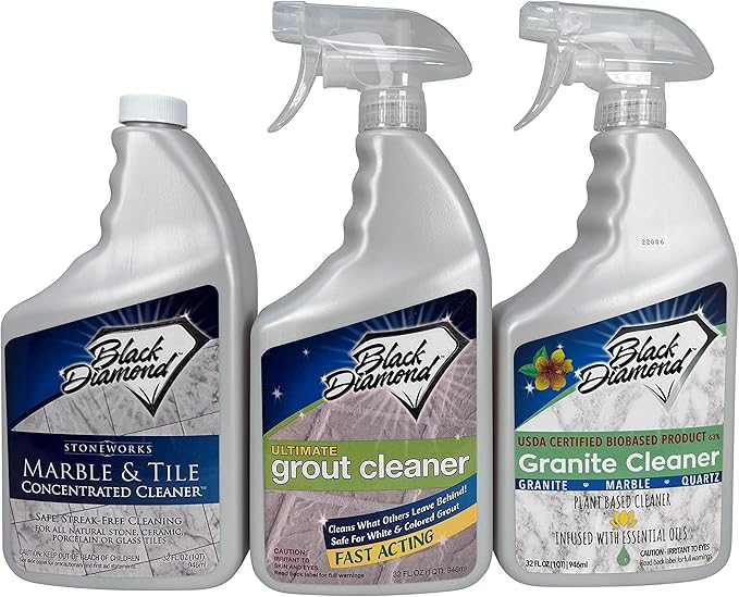 Black Diamond Stoneworks Marble & Tile Floor Cleaner 1-Quart AND ULTIMATE GROUT CLEANER 1-Quart AND Granite Counter Cleaner 1-Quart.