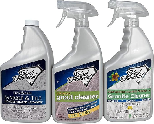 Black Diamond Stoneworks Marble & Tile Floor Cleaner 1-Quart AND ULTIMATE GROUT CLEANER 1-Quart AND Granite Counter Cleaner 1-Quart.