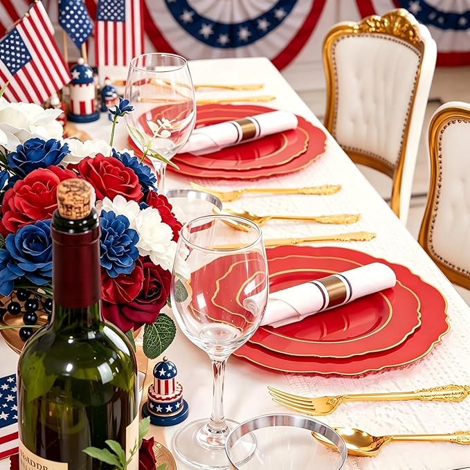 Liacere 350PCS Red Plastic Plates - Red Disposable Plates With Gold Rim - 50Guest Baroque Plastic Dinnerware include 100Plates-50Pack Pre Rolled Napkins with Silverware 50Cups for Independence Day