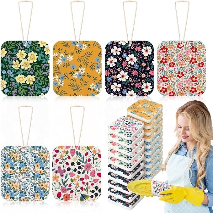Hahafelt 36 Counts Compressed Cellulose Sponges Bulk Craft Pop up Floral Pattern Natural Kitchen Compostable Non Scratch Dish Sponges for Washing Dishes, Cleaning Countertop Sink