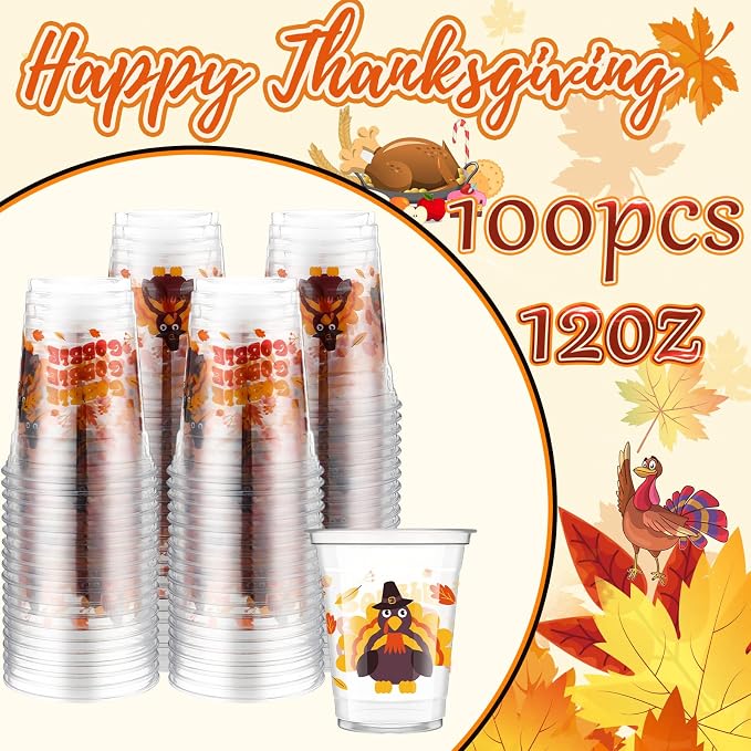 Meanplan 100 Pcs Thanksgiving Plastic Cups Bulk 12oz Fall Disposable Cups Autumn Pumpkin Leaf Turkey Clear Drinkware Tumblers Coffee Juice Wine Glasses Harvest Wedding Party Supplies(Turkey)