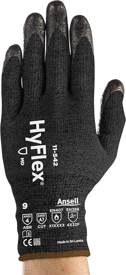 HyFlex 11-542 Cut/Heat-Resistant Kevlar Mechanical Work Gloves w/ Nitrile Palm for Machinery, EMS, Automotive - Size 6, Black (12 Pairs)