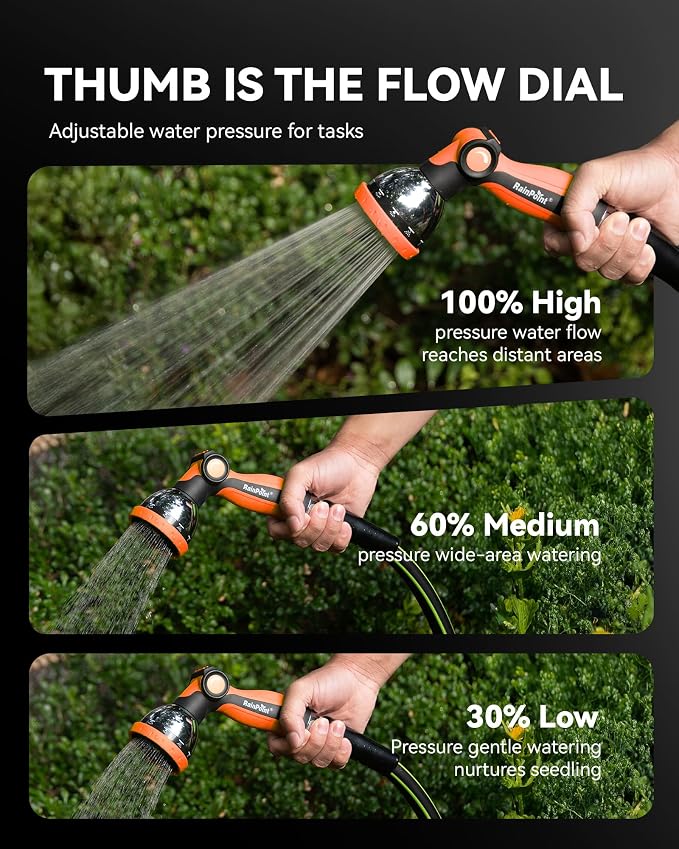 RAINPOINT Spray Nozzles for Garden Hose - 10 Spray Patterns Garden Hose Nozzle with Adjustable Flow Control for Watering Plants, Washing Cars,Washing Pets, Thumb Control (2 Packs, Orange)