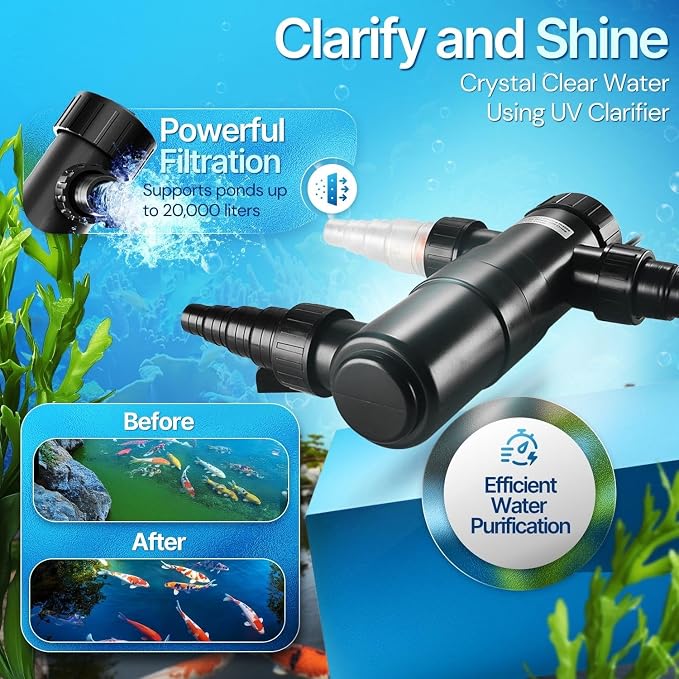 Flexzion Pond UV Lights for Outdoor Ponds - 18W Medium Light, 5283-Gal Capacity, 2500L/H UV Pond Clarifier for Outdoor Ponds, Clears Water in Days (CUV-118)