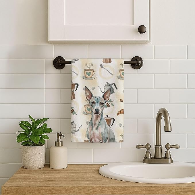 Caroline's Treasures American Hairless Terrier Coffee Bar Kitchen Towel Velour Plush Front and Cotton Loop Back Machine Washable