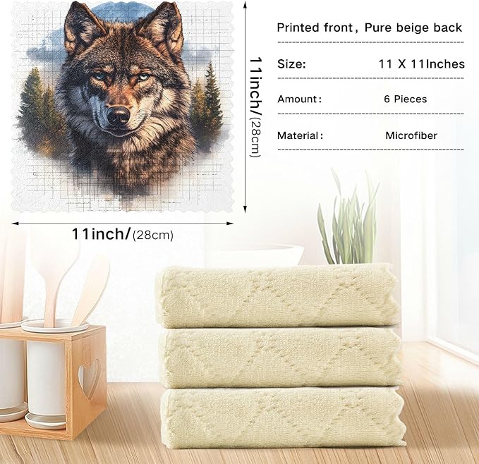 senya Kitchen Dishcloths, Wolf Pattern P Cloth Dish Towels 6 Pack Super Absorbent Dishtowels Reusable Cleaning Cloths