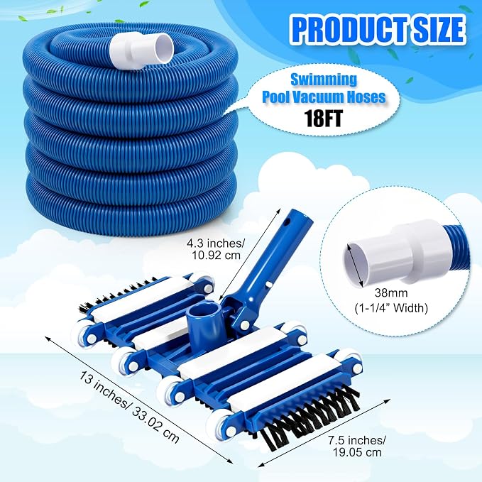 2 Pcs Pool Cleaning Vacuum Kits Include 14" Swimming Pool Vacuum Head with Flexible Wheels and 1-1/2" x 18 FT Hoses for Inground Above Ground Pond Cleaning, Pole Not Included (Side Brushes)