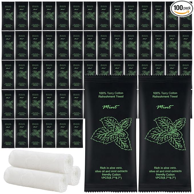 Moist Cotton Towel Bulk Moist Towelettes Individually Wrapped 8.7" x 8.7",White Towel Services,Refreshment Pre Moistened Towels for Travel Sport Party Spa Dentist (1 Count (Pack of 100), Mint)