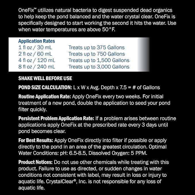 CrystalClear OneFix Beneficial Bio Clarifier Treatment, 32 Ounce | For clear water gardens, small outdoor ponds & fountains; koi fish, plant & pet safe formula