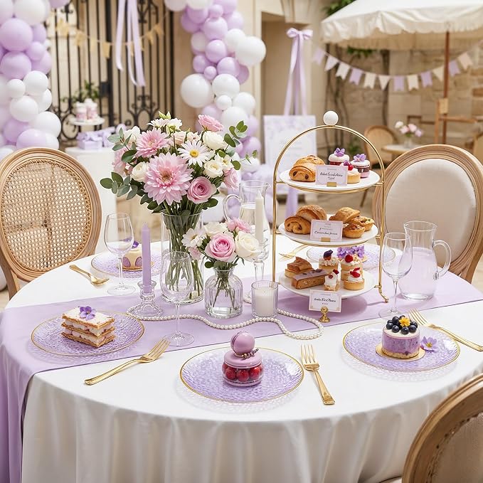 DaYammi 240Pcs Purple Plastic Plates Including 120Pcs Purple Dessert Plates and 120Pcs Gold Cake Forks,Hammered Appetizer plates Heavy duty Disposable Plastic Plate for Party Wedding Birthday