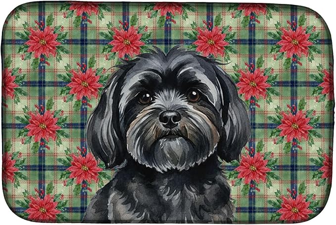 Caroline's Treasures Black Lhasa Apso Christmas PoinsettIas Dish Drying Mat Absorbent Dish Drying Mat Pad for Kitchen Counter Dish Drainer Mat for Countertop, 14 x 21", Multicolor