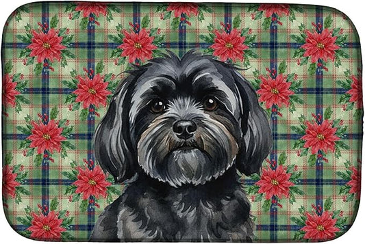 Caroline's Treasures Black Lhasa Apso Christmas PoinsettIas Dish Drying Mat Absorbent Dish Drying Mat Pad for Kitchen Counter Dish Drainer Mat for Countertop, 14 x 21", Multicolor