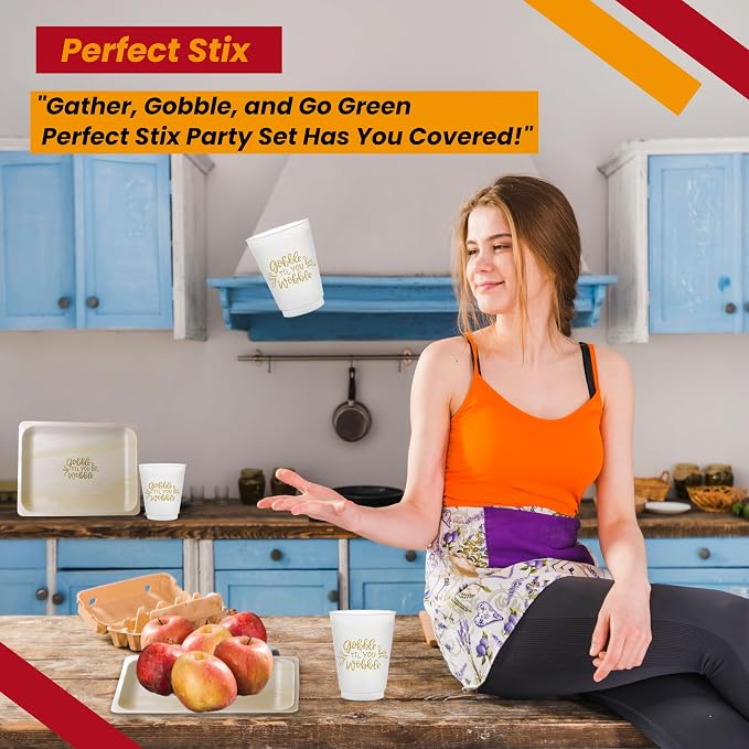 Perfect Stix Party Set includes 16oz Frost Flex Cups and 10" Wooden Plates with Gobble Till You Wobble Print - Pack of 50ct- (25ct each item)