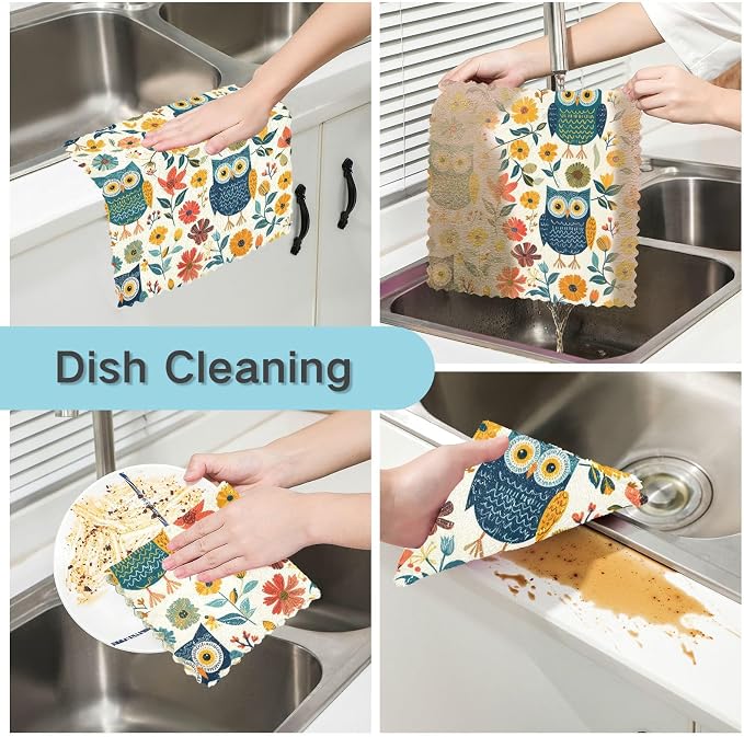 ALAZA Dish Towels Kitchen Cleaning Cloths Cute Owl Flowers Leaves Dish Cloths Absorbent Kitchen Towels Lint Free Bar Tea Soft Towel Kitchen Accessories Set of 6,11"x11"