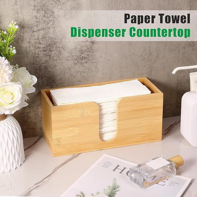 Bamboo Paper Towel Dispenser Countertop Folded Paper Towel Holder Trifold Napkin Holder, Suitable for Z-fold, C-fold or MultiFold Trifold - Bathroom Toilet and Kitchen, 10.8'' W x 4'' D x 5'' H