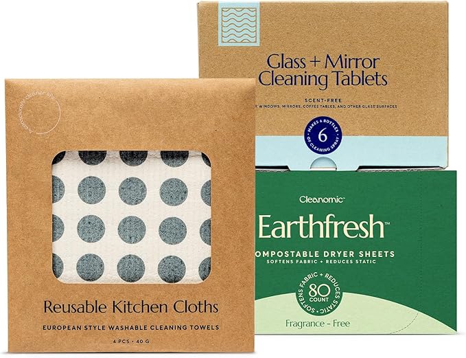 CLEANOMIC Reusable Kitchen Cloth, Glass and Mirror Cleaning Tablets & Fabric Softener Sheets Bundle