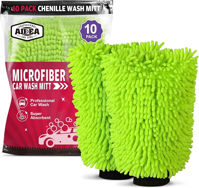 AIDEA Car Wash Mitt Microfiber, 10PK Scratch Free Lint-Free, Premium Chenille Microfiber Mitt Car Wash Brush Cleaning Supplies, Green, Regular Size 7.12''X10.14''