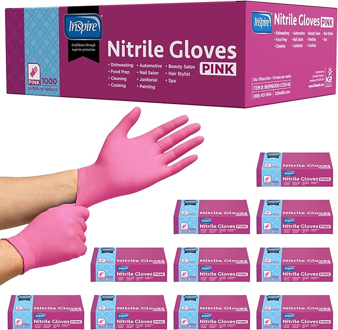 Inspire Pink Gloves Disposable Latex Free | Nitrile Pink Glove Hair and Nail Salon, Esthetician Nitrile Disposable Gloves