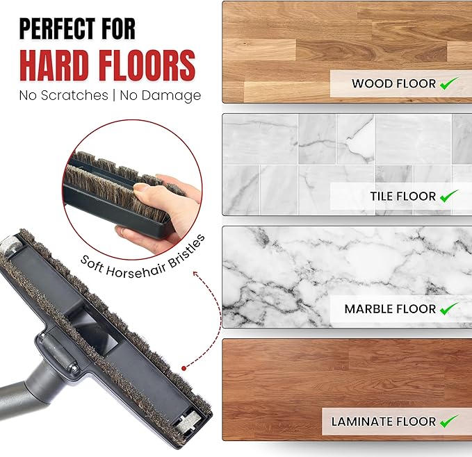 For Carpet & Hard Floors Vacuum Brush Attachment with Horse Hair Bristles and Wheels Using On Any Surface without Scratches - Hardwood Floor Attachments plus Vacuum Hose Adapter