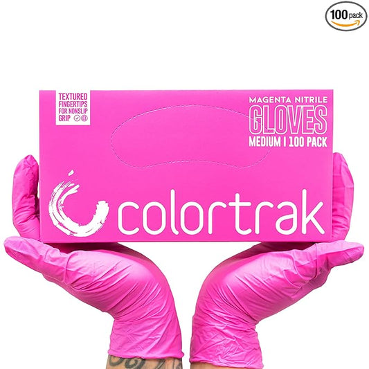 Colortrak Disposable Nitrile Gloves, Magenta, Luminous Collection Latex-Free, Powder-Free Hair Color Gloves for Chemical Processing & Salon Services, 100 Count, Medium