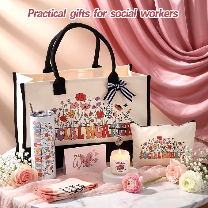 Patelai 7 Pcs SocialWorker Appreciation, School Worker Must Haves Gifts with 20 oz Tumbler Tote Bag Candle Socks Makeup Bag Keychain Card for for Bsw Msw Dsw Lcsw Coworker Volunteer Office Supplies