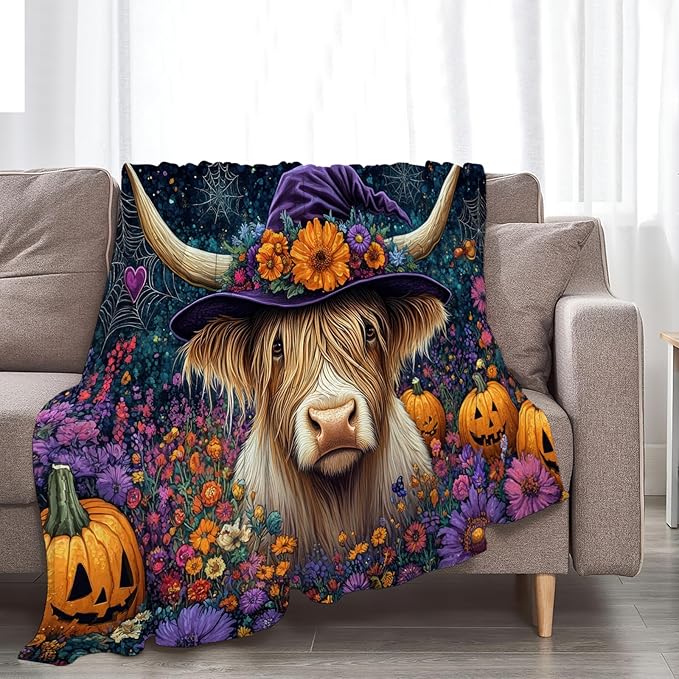 Tijuboni Highland Cow Pumpkin Throw Blanket for Girls Boys Women Men Kids Adults Soft Flannel Fleece Blanket for Couch Sofa Bed Home Decor 60"x80"