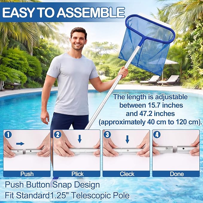 20 Inch Pool Skimmer Net with 15.7 in Aluminum Rod Heavy Duty Fiberglass Swimming Pool Leaf Skimmer Net, Leaf Rake Cleaning Tool Detachable Poles, Easy Scoop Edge, Debris Pickup Removal
