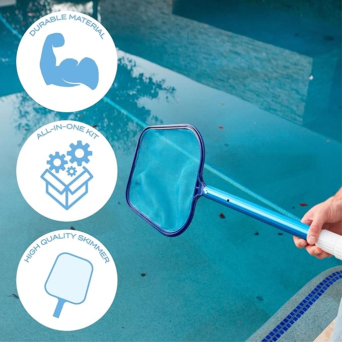 Blue Mano 6 Piece Spa & Pool Cleaning Kit - 10" Vacuum Head, 12" Leaf Skimmer, 10" Pool Brush, 4FT Telescopic Aluminum Pole & Small Chlorine Dispenser - for Spas & Small Pools