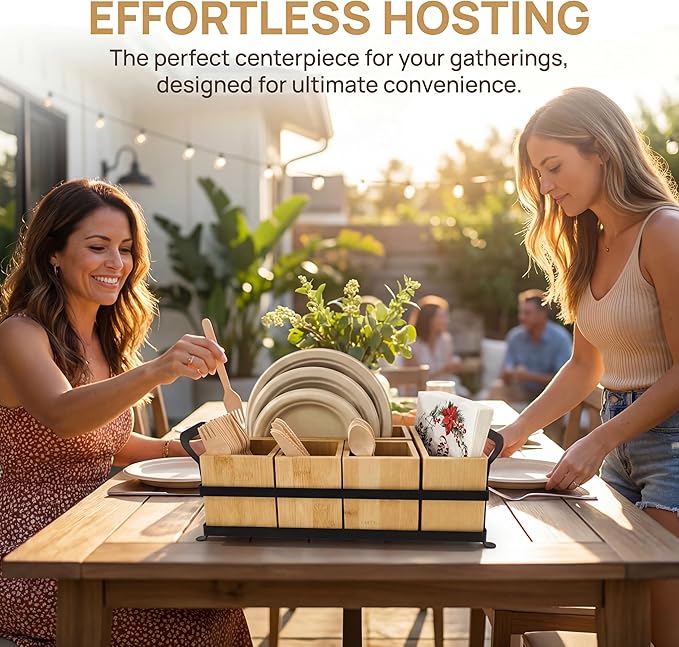 Bamboo Utensil Caddy with Handle - 5 Compartment Silverware Holder for Party & Kitchen Countertop - Removable Wooden Flatware Organizer for Picnic, BBQ, Buffet, RV & Outdoor Dining