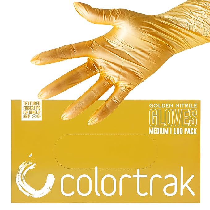 Colortrak Disposable Nitrile Gloves, Gold, Luminous Collection Latex-Free, Powder-Free Hair Color Gloves for Chemical Processing & Salon Services, 1000 Count (10 Boxes), Medium