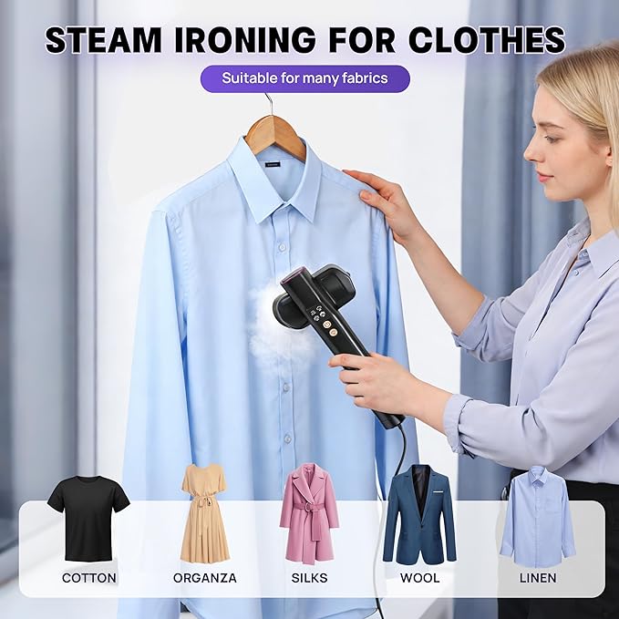Doer Brands Travel Steamer for Clothes Dual Voltage 110-240V, Handheld Steamer, 1100W Powerful Wrinkle Remover, Ceramic Panel, 3 Steam Levels & 360° Rotating Head,Travel Kit with Universal Adapter