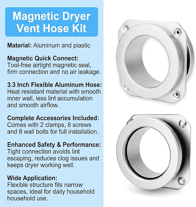 Magnetic Dryer Vent Hose Kit, 39.6 Inch Quick Connect Dryer Exhaust Duct, Flexible Aluminum Dryer Vent Connector with Wall Plate, Clamps & Screws